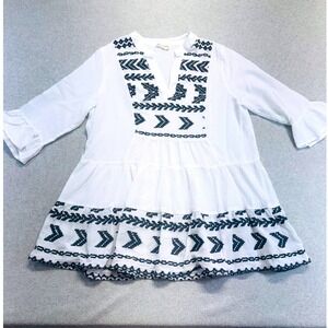 Cloth & Portrait Women L White Boho Embroidered Gauze Tunic Dress Peasant Tiered